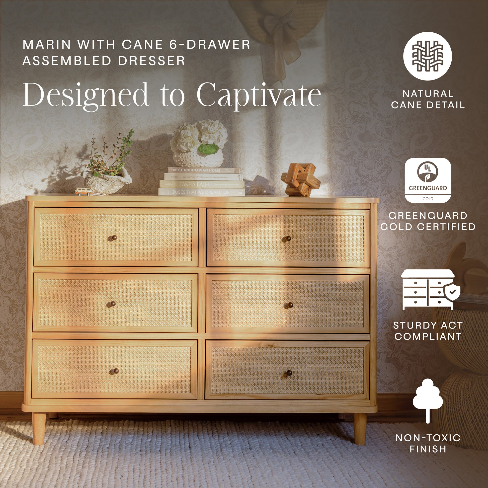 M23716HYHC,Namesake,Marin with Cane 6 Drawer Assembled Dresser in Honey and Honey Cane