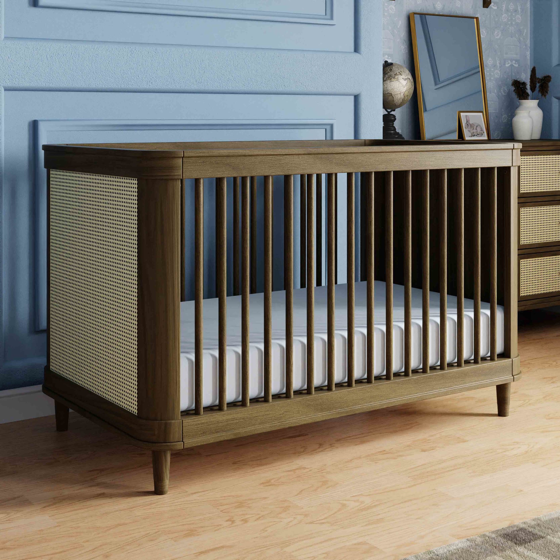 M23701NLBC,Namesake,Marin with Cane 3-in-1 Convertible Crib in Natural Walnut and Blonde Cane