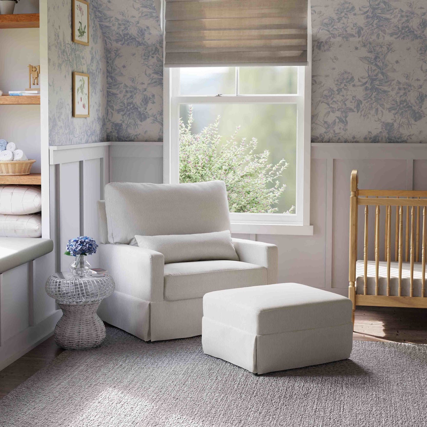 M21797FCS,Namesake,Crawford Chair and a Half Pillowback Swivel Glider in Fog Chatham Stripe Performance Eco-Weave