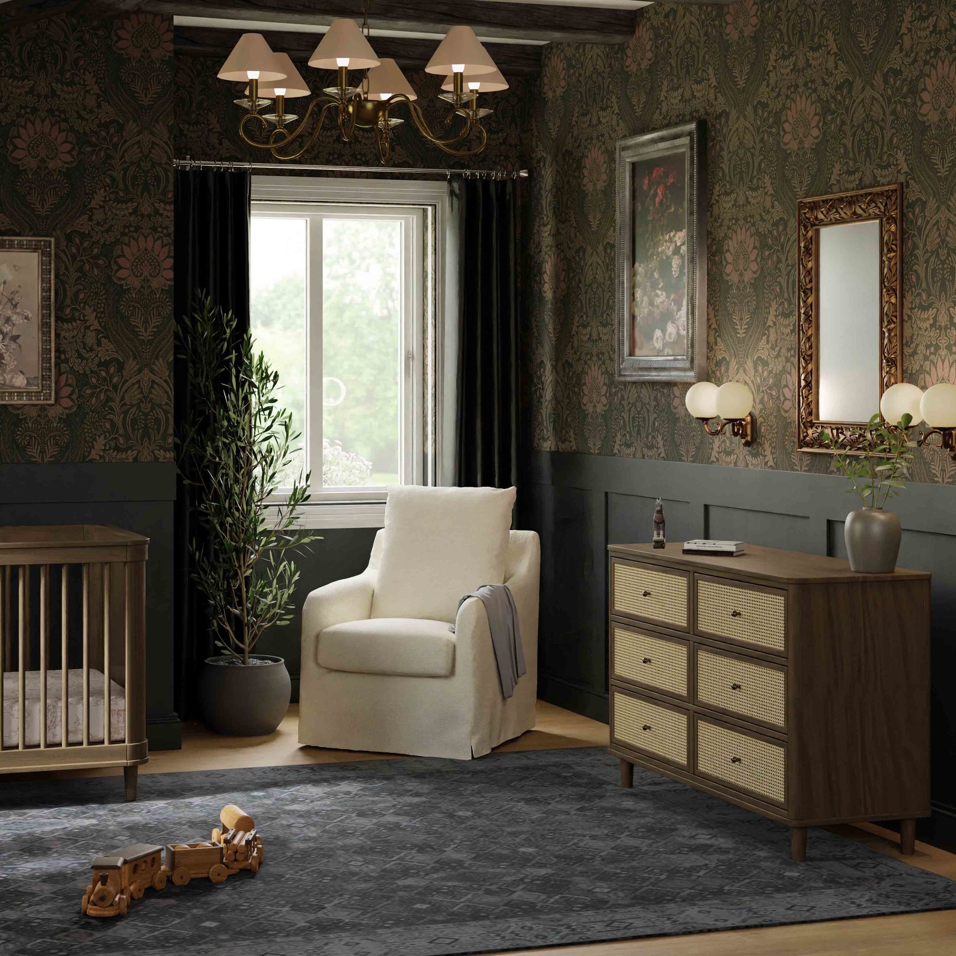 M23716NLBC,Namesake,Marin with Cane 6 Drawer Assembled Dresser in Natural Walnut and Blonde Cane