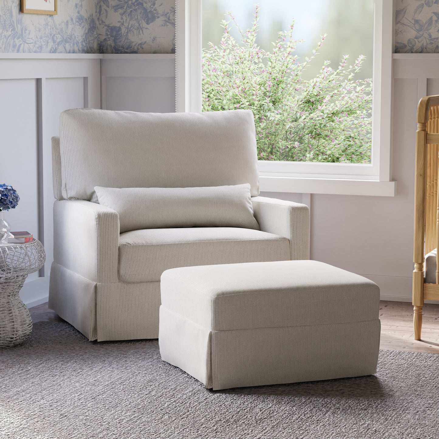 M21797FCS,Crawford Chair and a Half Pillowback Swivel Glider in Fog Chatham Stripe Performance Eco-Weave