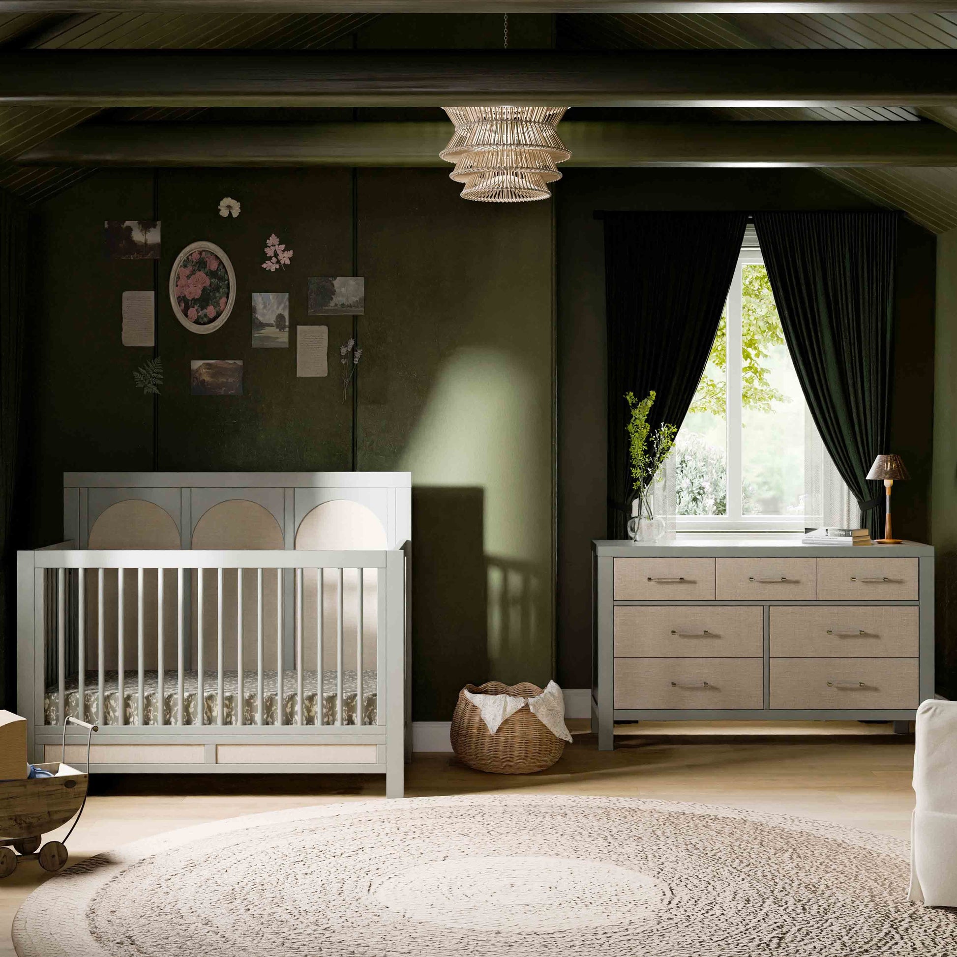 M24801FSPSEW,Namesake,Eloise 4-in-1 Convertible Crib in French Sage and Performance Sand Eco-Weave