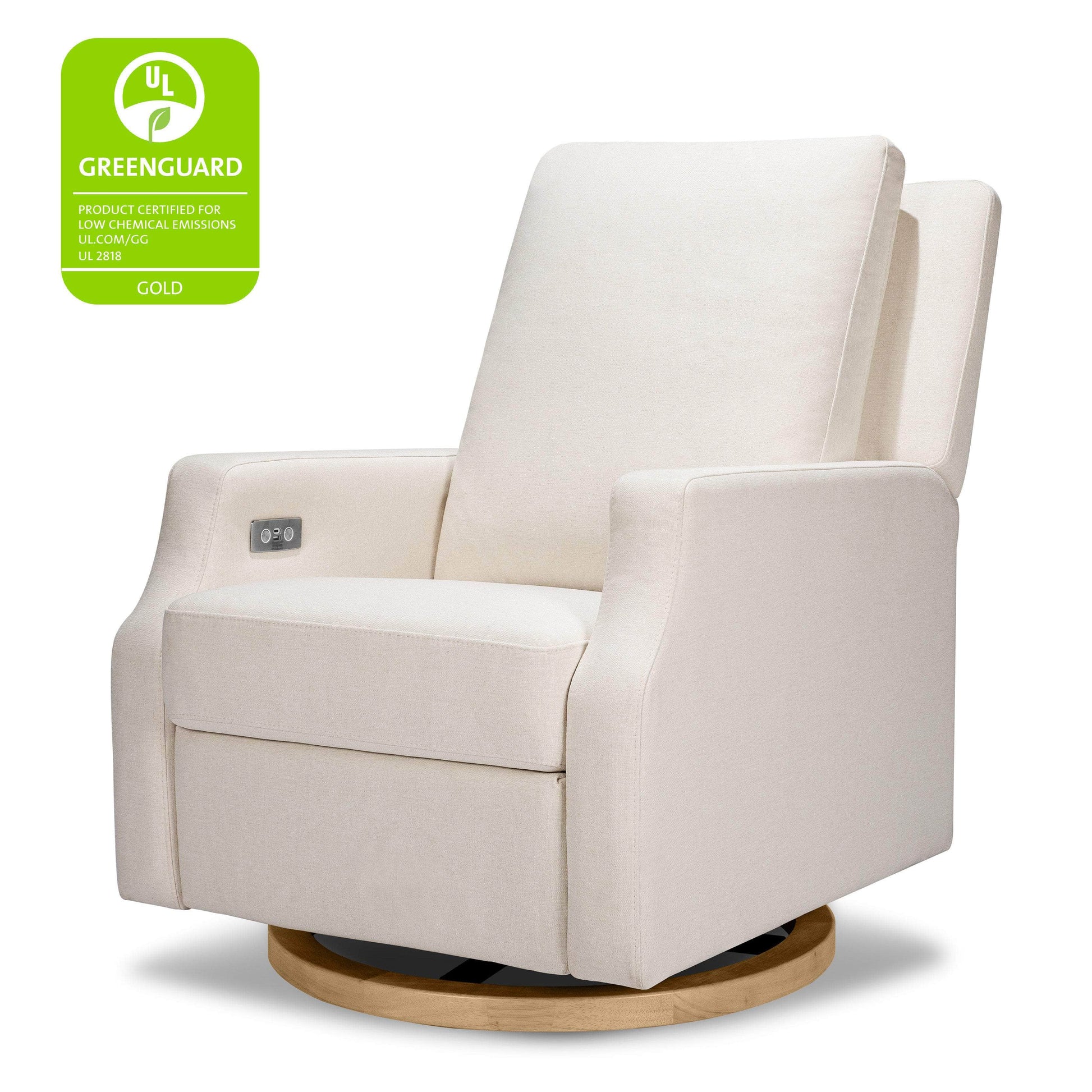 M22286PCMEWLB,Crewe Electronic Swivel Glider Recliner in Performance Cream Eco-Weave w/Light Wood Base